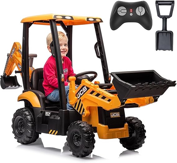 12V JCB Ride On Excavator, Ride on Toys for Kids 4-8, Electric Car for Kids with Tractor, Bulldozer, Digging Arm, Backhoe Loder with Slow Start/Stop, Adjustable Speeds (Excavator, Yellow with Roof)