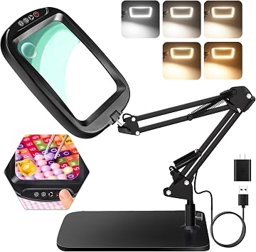 10X 30X Extra Large Magnifying Glass with Light and Stand,7-inch Lighted Magnifier,5 Color Modes Stepless Dimmable,Rectangle Hands-Free Magnifying Glass Desk Lamp for Reading Craft Hobby Close Work LB