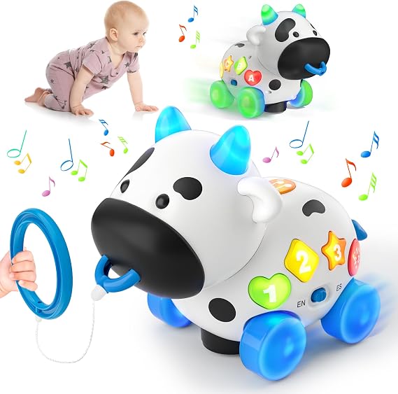 Baby Toys 6-12 Months, Bilingual Musical Cow Crawling & Pull Along Toy, English Spanish Learning Toy with Lights, Animal Sounds, ABC & 123 for Toddlers 12-18 Months, First Birthday Gift for Boys Girls