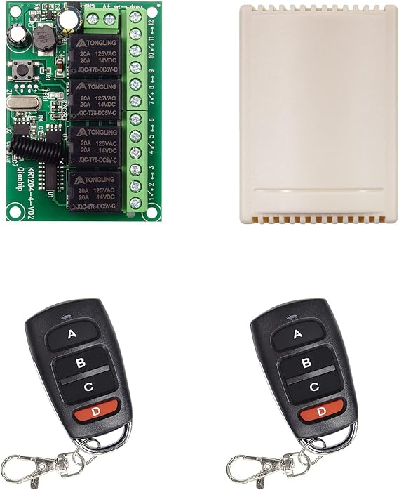 DC 12V 24V 4CH Channel Wireless Remote Control Switch 10A 433Mhz RF Relay Receiver with 2 Transmitters for Lights Garage Door Motor Awning