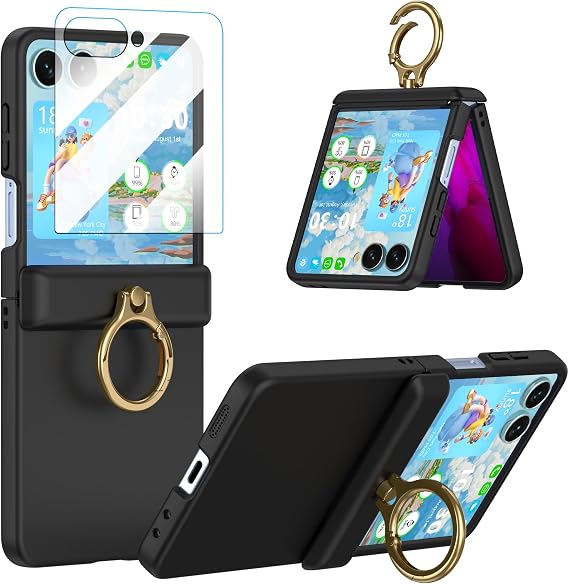 Case for Samsung Galaxy Z Flip 7 Case with Ring Kickstand Screen Protector Shockproof Hinge Protection Phone Cover for Galaxy Z Flip 7 2025 5G - Black