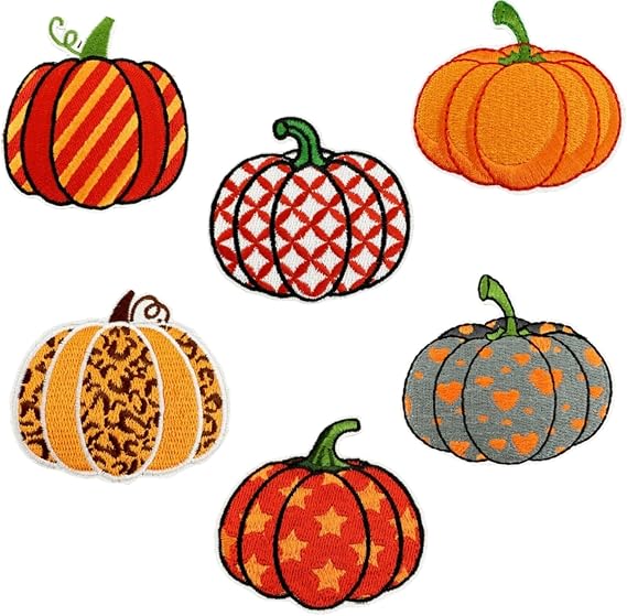 6 Pcs Thanksgiving Pumpkin Embroidery Iron on Patches Cute Cartoon Sew on Emblem Applique Small Clothes Repair Stickers for Party Jackets Hats Shirts Jeans Clothing Craft DIY Sewing Patch Decoration