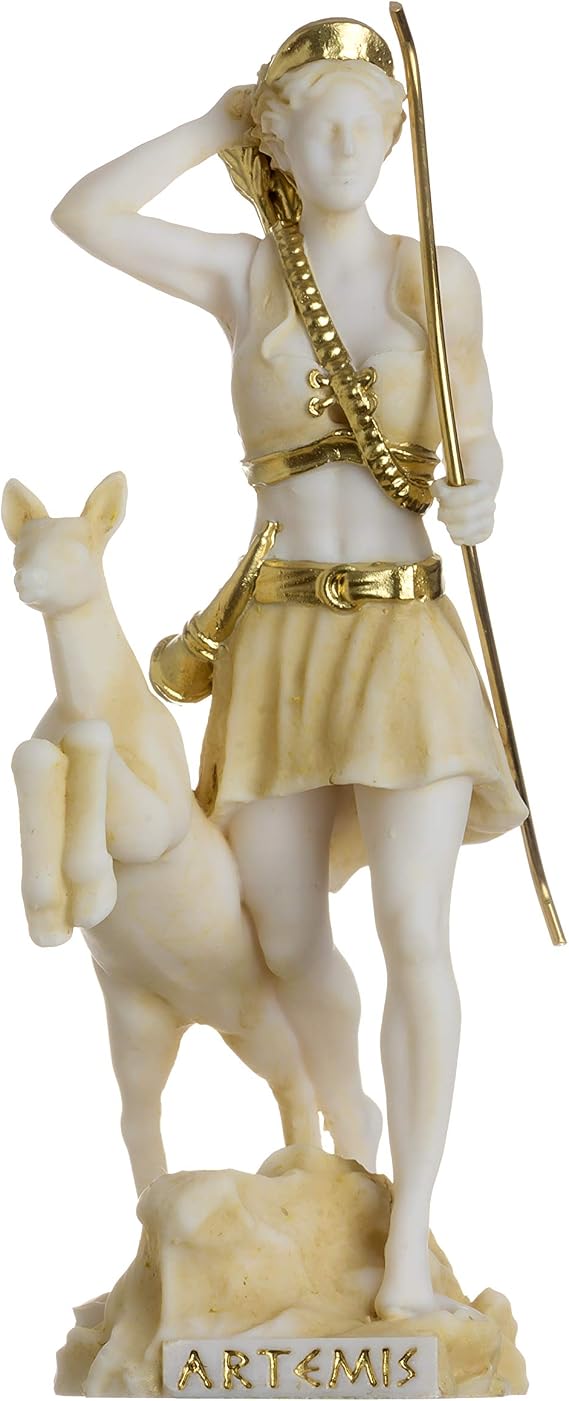 Goddess Artemis Diana Greek Statue Nature Moon Gold Tone Alabaster 6.69"