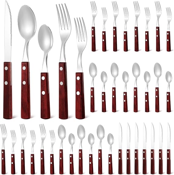 40 Pcs Wooden Handle Silverware Cutlery Set Walnut Handle 18/8 (304) Stainless Steel Cutlery Set Wooden Handle Knife Fork Spoon Reusable Utensils Serves for 8 (Mahogany Color)