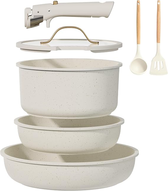 CAROTE 7pcs Pots and Pans Set Non Stick, Cookware Set with Detachable Handle, Kitchen Cookware Sets with Removable Handle, RV Cookware Set, Oven Safe, Cream White