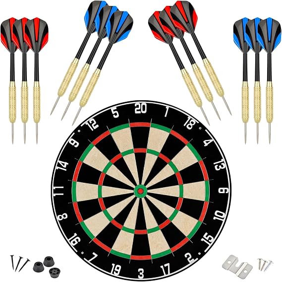 Dartboard with Staple-Free Bullseye Easily Recognizable Numbers 18g Steel Tip Darts Set 12 Steel Tip Darts 18g Mounting Kits Include