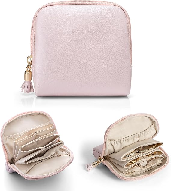 VLANDO Small Travel Jewelry Case,Velvet Pouch Bags with Zipper,Pearl Pink