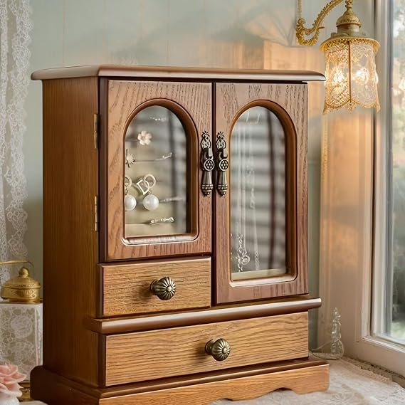 Wooden Jewelry Box Organizer Functional With Drawers, Black Walnut Wooden Jewelry Box for Women, Brown Wood Grain Design, Spacious Storage for Necklaces/Earrings/Collections (C Bronze)