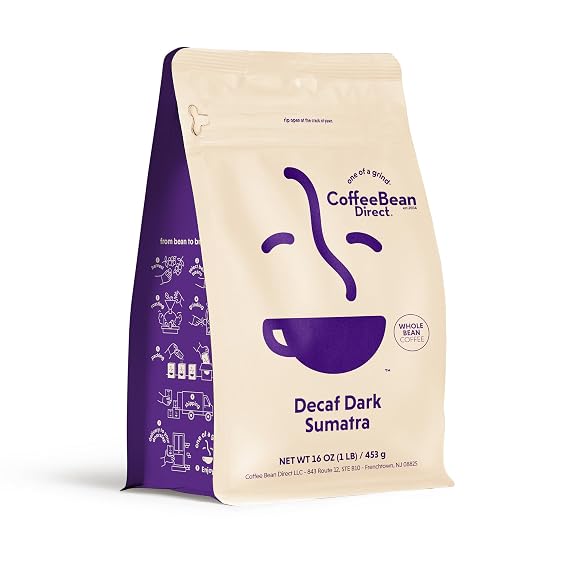 Coffee Bean Direct Decaf Dark Sumatra, Whole Bean, 1lb Bag