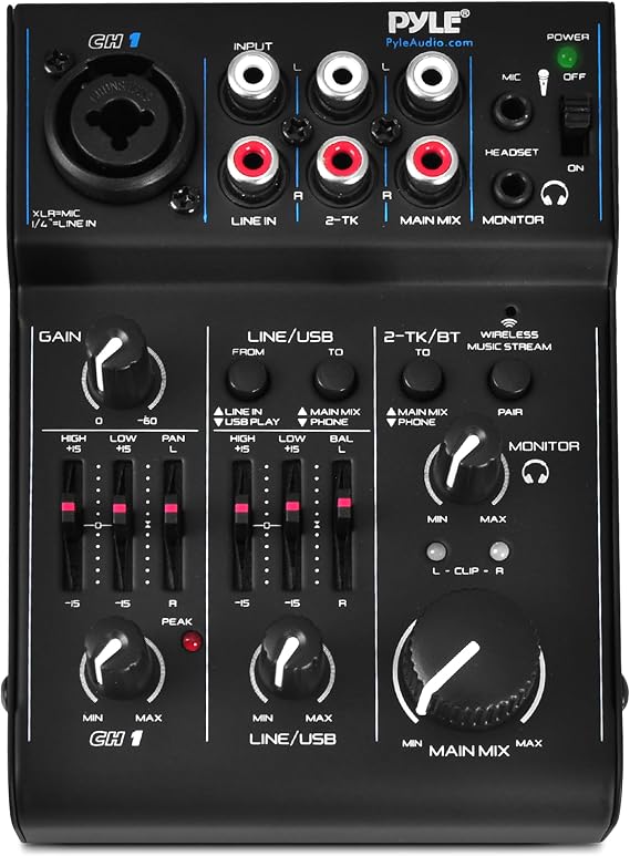 Pyle 3-Channel Bluetooth Audio Mixer DJ Sound Controller & USB Soundcard Interface for PC Recording, XLR & 3.5mm Mic Input, RCA In/Out, 18V Power Professional & Beginner DJ Mixer