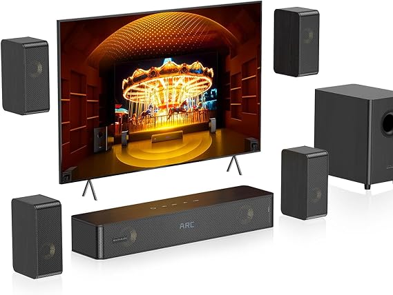 5.1.2 Surround Sound System for TV with 4 Surround Speakers, Soundbar for TV with 5.25" Subwoofer & 11 Drivers, Clear Voice, ARC/Optical/BT/AUX, Easy Setup Wired Audio System, HiPulse N512
