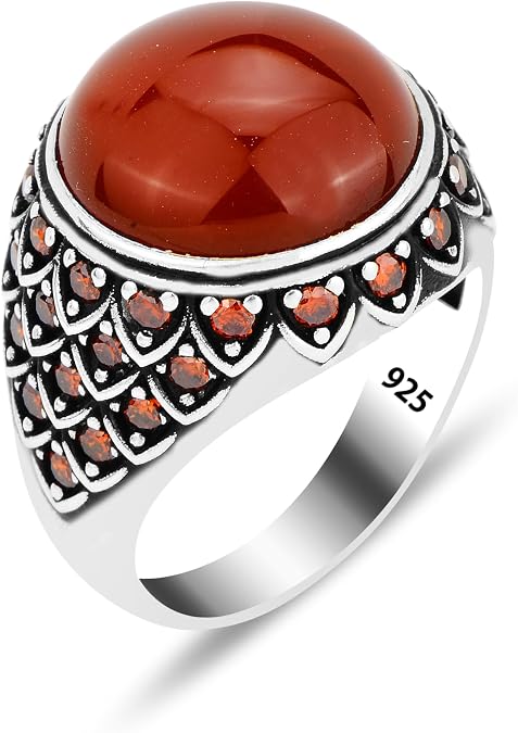 Silver Men Handmade Round Agate Aqeeq Gemstone Ring, Dark Red Agate Gemstone Ring, 925k Sterling Silver
