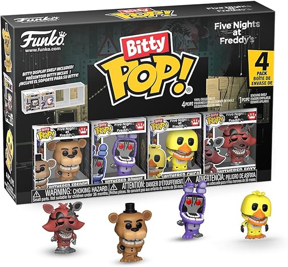 Funko Pop! Bitty 4pk: Five Nights at Freddy's - Withered - Freddy, Bonnie, Chica, and Foxy - 0.9 Inch (2.2 Cm) Collectable - Stackable Display Shelf Included - Gift Idea - Party Bags Stocking
