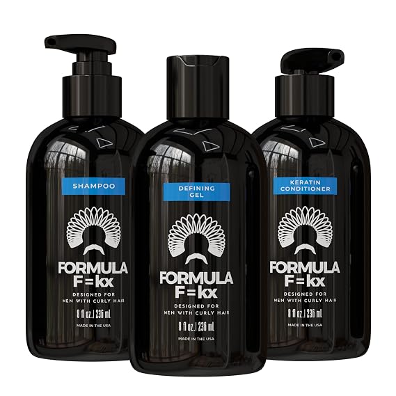 Formula F=kx Curly Hair System for Men - 3-Step Fine & Wavy Hair Care - Shampoo, Conditioner, Curl Defining Gel - Sulfate Free, Ocean Scent - 8oz Each