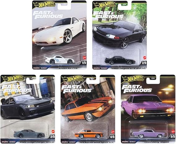 Hot Wheels Fast & Furious Die-Cast Cars Collection, 5-Pack Set, Mazda RX-7, Nissan Skyline, Dodge Charger, Alfa Romeo, Plymouth HNW-956K