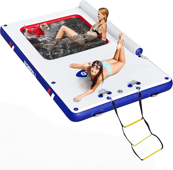 Inflatable Floating Dock, Inflatable Dock Floating Platform with Mesh, Non-Slip EVA Platform and Rope Ladder, Inflatable Water Floating Dock Island Raft for Boats, Pool, Lake, Beach, Ocean