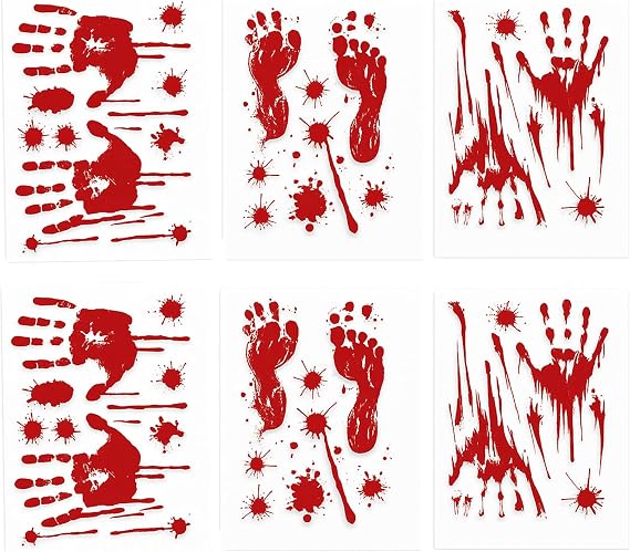 6 Pieces Bloody Handprint Window Clings Horror PVC Stickers with Blood Splatter, Handprints, and Footprints for Scary Halloween Party Decorations, Haunted House, and Spooky Indoor Outdoor Decor