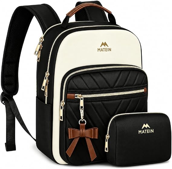 MATEIN Mini Backpack Purse for Women, Small Daypack, 2pcs Sets, Black-Beige