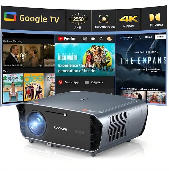 Smart Projector 4K Daylight,Certified Apps,ToF Auto Focus,2550ANSI Lumen Ultra HD Google TV Projector with WIFI6 Bluetooth for Bedroom Home Cinema Outdoor Movie Gaming,NFC,Dolby Audio,HDMI ARC,HDR10