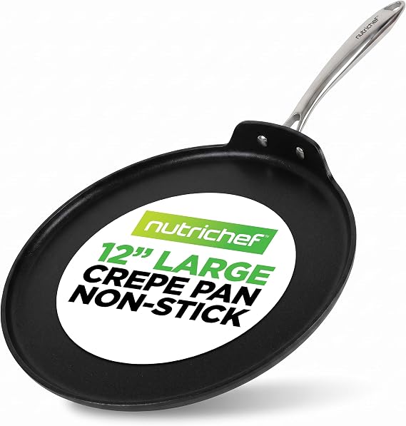 NutriChef 12 Inch Crepe Pan Non Stick, Ideal for Large Pancakes, Dosa, Chapati & Tortillas, Hard-Anodized, Dishwasher Safe