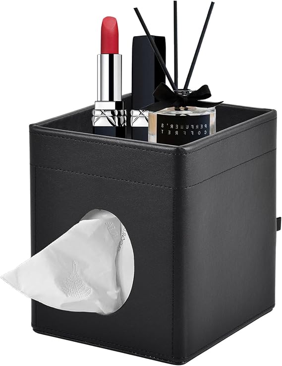 Tissue Box Cover,PU Leather Square Tissue Box Holder with Storage Tray for Bathroom Vanity Countertop Night Stands Bedroom Office Desk,Stylish Kleenex Box Holder Decorative Organizer (Black)