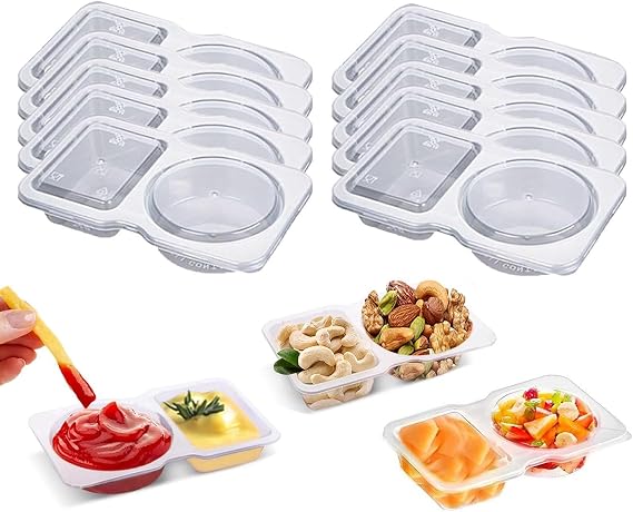 10 PCS Reusable Snack Containers, Condiment Container With Lids, 2 Compartments Dipping Container For Refrige, Portion Control Containers, Sampling Lunchable and Travel Snacks
