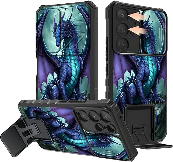 Rossy for Samsung Galaxy S23 Ultra Phone Case with Slide Camera Cover Kickstand Dual Layer Hybrid Shockproof Protective Case for Samsung S23 Ultra 5G 6.8" 2023,Dragon