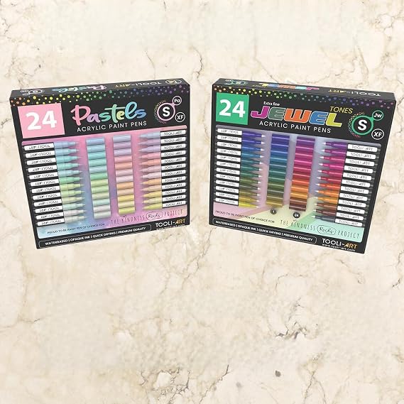 TOOLI-ART 48 Jewel and Pastel Combo: Extra Fine Acrylic Paint Pens For Rock Painting, Canvas, Glass, Plastic, Mugs, Journals, Scrapbook, Fabric, Most Surfaces Non Toxic, Waterbased, Quick Dry