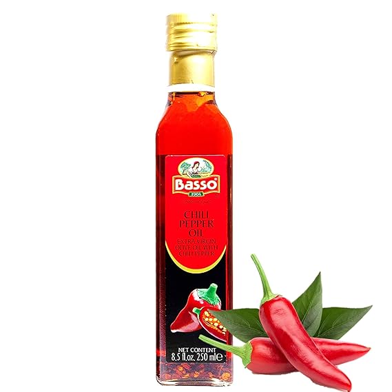 BASSO 1904 - Spicy Chili Oil, Infused Premium Olive Oil, 8.5 Fl Oz (250 ml) | Hot Chili Infused with Extra Virgin Olive Oil for Drizzle, Cooking, Dipping, Dressing and Tasting, Product of Italy