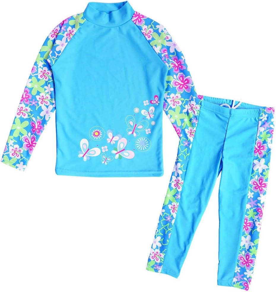 Girls Two Piece Swimsuit Long Sleeve Floral Bathing Suit UPF 50 Summer Beach Swimwear