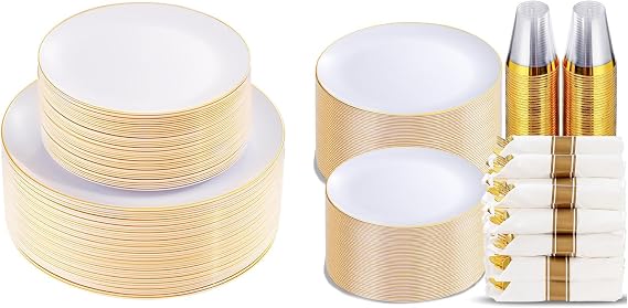 KIRE 100PCS Gold Plastic Plates 350 PCS Gold Dinnerware Set of 50 Guest
