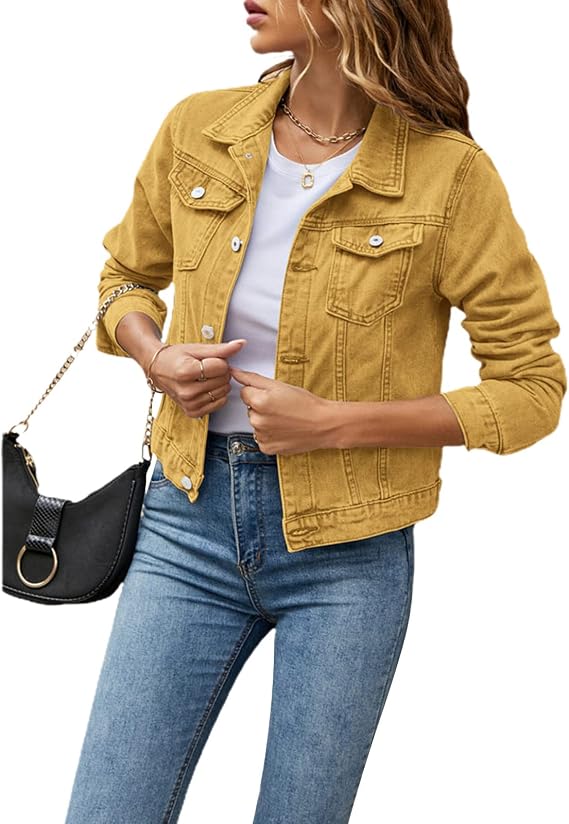 Women 's Basic Denim Jacket Casual Long Sleeve Button Down Stretchy Jean Jacket Coat