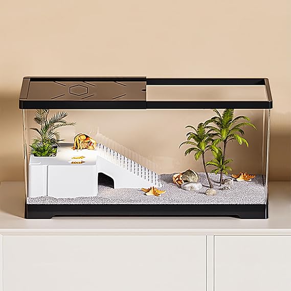 Turtle Fish Tank with Basking Platform and Bottom Drainage, 20" x 9.5" x 9.5" Aquatic Turtle Tank for Juvenile Turtle, Crayfish, Crabs, Amphibians, Reptiles Black color
