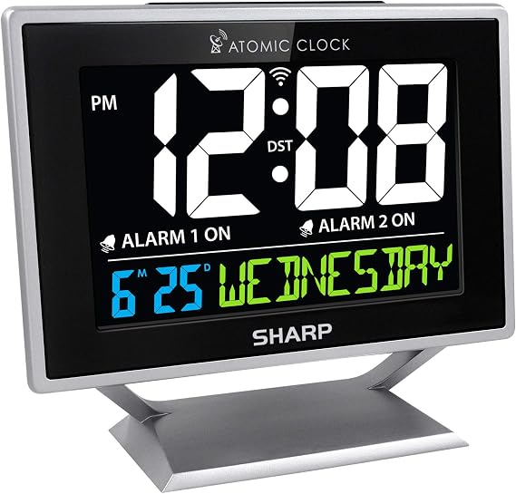 Sharp Atomic Alarm Clock, Auto Set, Color Display, Dual Alarm, Calendar | Always-on illuminated screen, day-of-week display, 3-step dimmer, weekday/weekend scheduling, snooze, easy-use controls