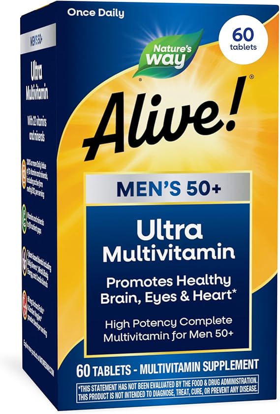 Nature's Way Alive! Ultra Potency Multivitamin for Men 50 Plus, Complete High Potency Formula with Vitamin D3, C, E, Methyl B12, Supports Cellular Energy, Heart, Brain, and Eye Health,* 60 Tablets