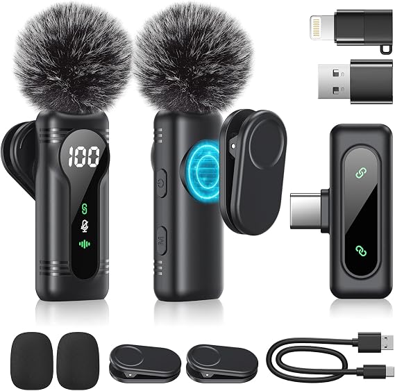 Wireless Lavalier Microphone for iPhone iPad Android Devices - Mini Clip-On Microphone with Noise Cancellation Auto Pairing Mute and Reverb Ideal for Vlogging Video Recording TK