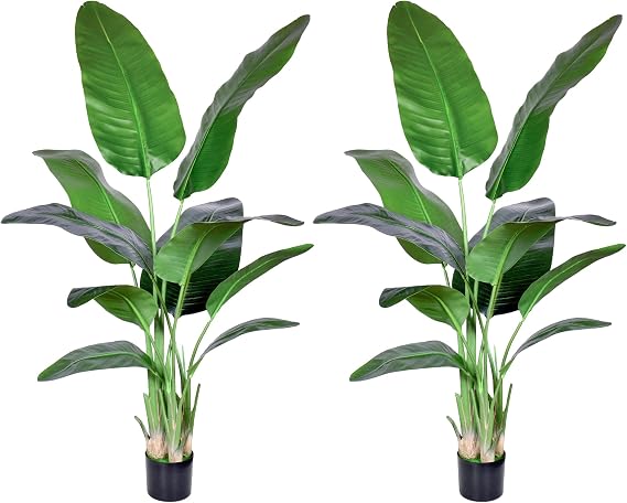HAIHONG 2Packs 5FT Artificial Bird of Paradise Plant,Faux Palm Tree Potted Plant with Real Touch Leaves,Fake Trees for Home Living Room Office Indoor Outdoor Decor(5 FT-2Packs)