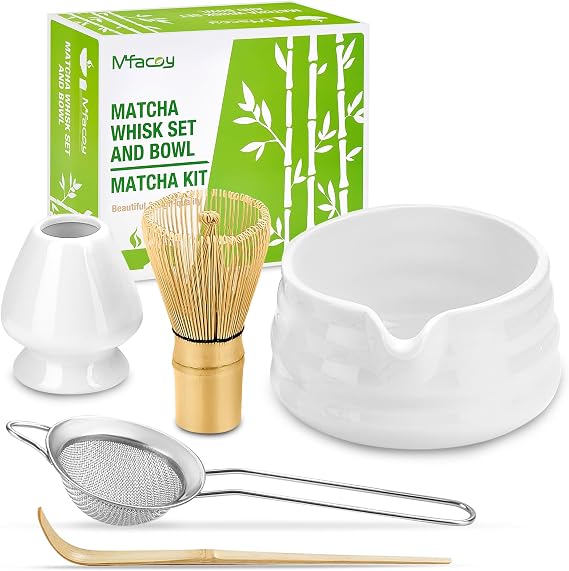 Matcha Whisk Set, Japanese Tea Set (5pcs) includes Matcha Bowl with Spout (19 oz), Bamboo Whisk and Matcha Scoop, Whisk Holder, Stainless Steel Sifter, Tea Making Tools, Matcha Kit