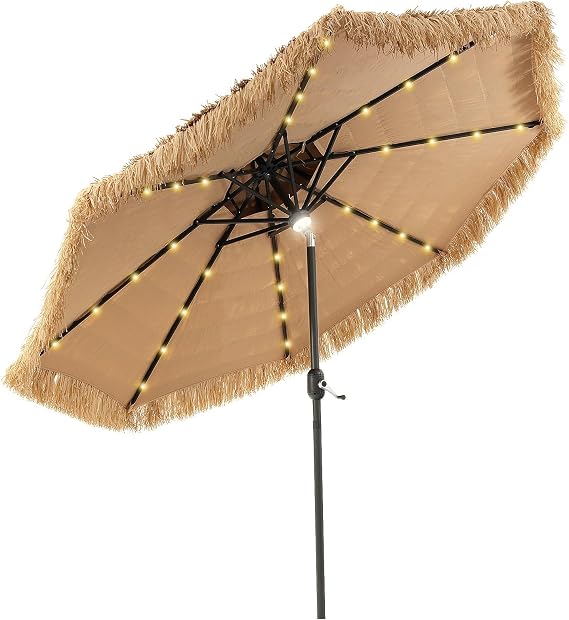 RELAX4LIFE 9FT Thatched Tiki Patio Umbrella - 2-Tier Hawaiian Hula Tilt Beach Umbrella w/33 LED Lights, 8 Ribs & Crank Lift, Solar Grass Pool Umbrellas, Tropical Palapa Tiki Umbrella Outdoor Patio