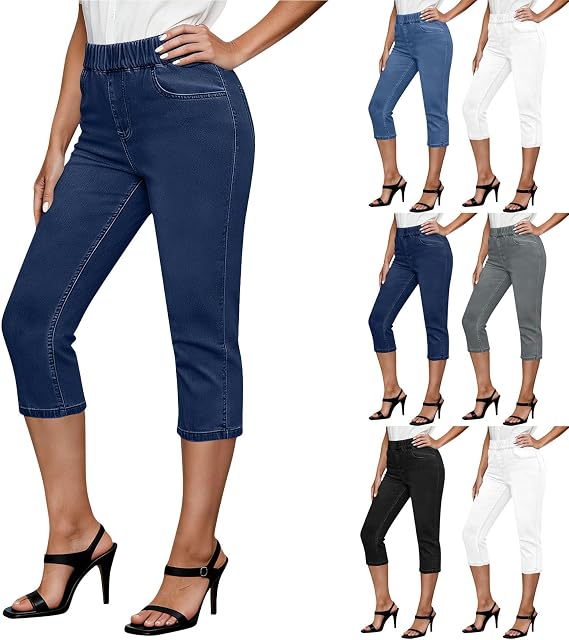 Capri Jeans for Women Skinny Stretchy High Waisted Denim Jeggings Casual Ladies Summer Slim Fit Three Quarter Pants