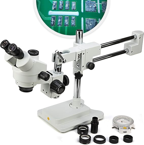 Swift S7 3.5X-90X Professional Simul-Focal Trinocular Stereo Zoom Microscope with WH10x Eyepieces, 0.7X-4.5X Objective,144 LED Ring Light, Double Arm Boom Stand, Includes 0.5X and 2.0X Barlow Lens