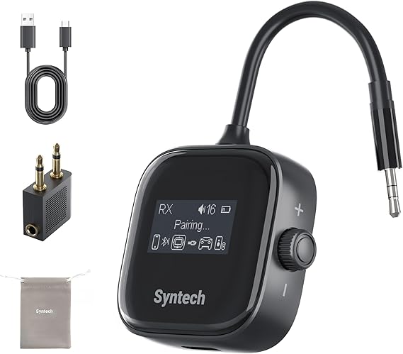 Syntech Airplane Bluetooth Transmitter 5.4 for 2 Headphones, HD Display | Bluetooth adapter with HD display, low latency, dual headphone pairing, 3.5mm AUX for planes, TV and car