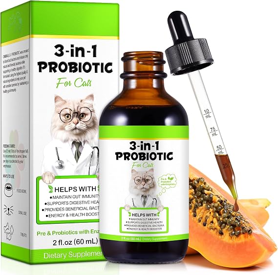3 in 1 Probiotics for Cats Help with Gut, Upset Stomach, Diarrhea, Bloating | Cat Digestive, Immune Support with Digestive Enzymes, Prebiotics & Probiotics 60ml for Cats of All Ages