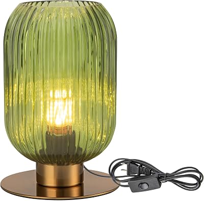 Mid Century Modern Green Table Lamp 9.4 Decorative End Table Lamp with Ribbed Glass Shade for Living Room Bedroom Nightstand Small Bedside Lamp Gold Corner Accent Lamp