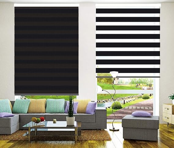 Zebra Roller Blinds Dual Layer Roller Shades Light Filtering Day and Night Blinds, Height 150cm, Black