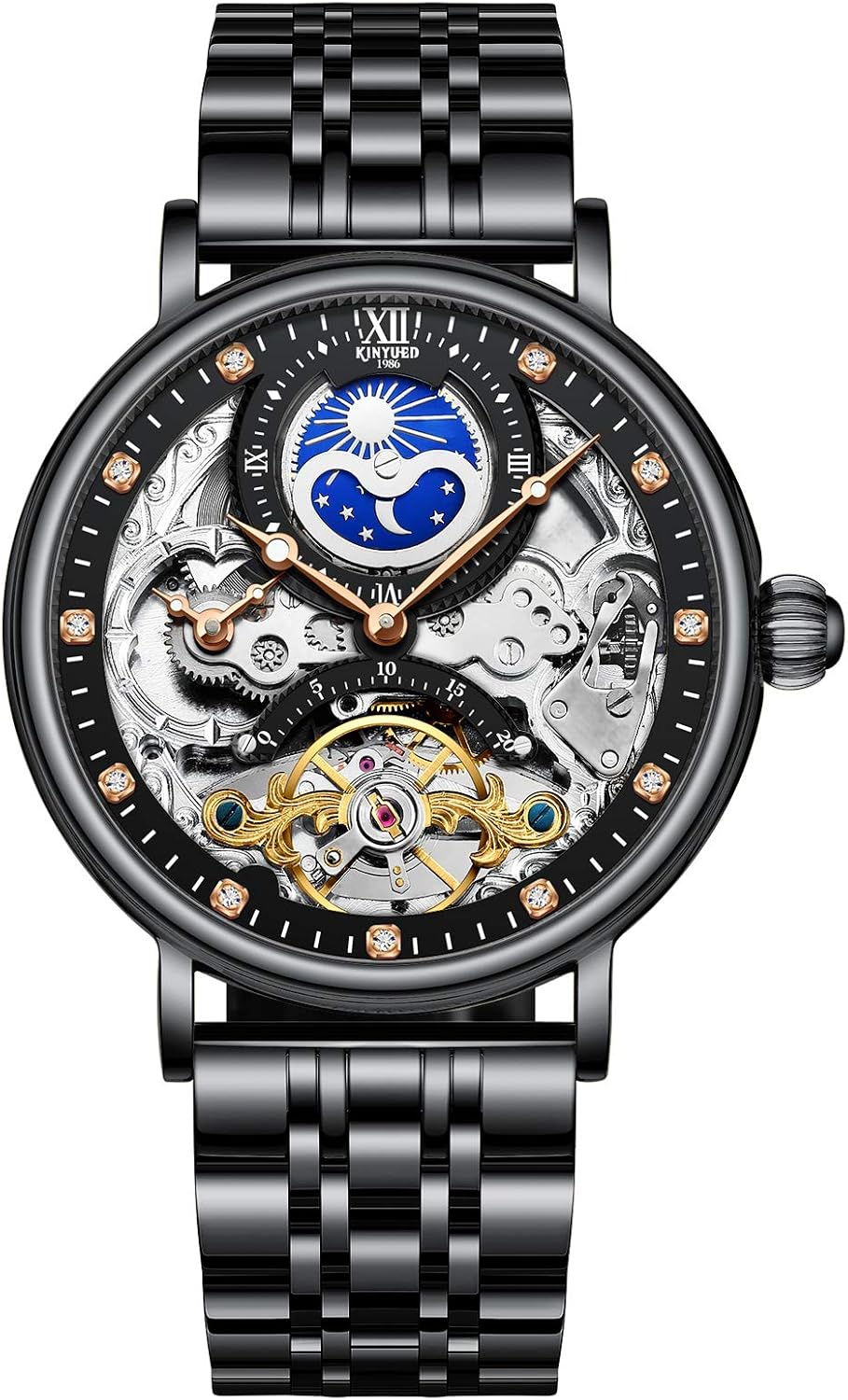 Gute Mens Skeleton Watches, Luxury Tourbillon Mens Watches, Mechanical Self Winding Watches for Men - Moon Phrase, Dual Time, Luminous Hands, Stainless Steel Automatic Watch Collection