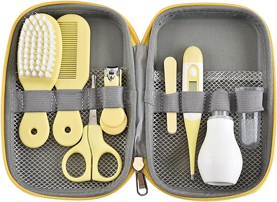 Plplaaoo Baby Healthcare and Grooming Kit8 in 1 Newborn Nursery Health Care Set with Nail Clipper Hair Brush Nose Cleaner Finger Toothbrush Scissor,Safe Baby Grooming Kit for Newborns(Yellow)