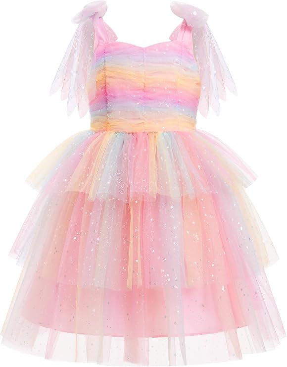 IMEKIS Toddler Kids Girls Birthday Dress Confetti Rainbow Tulle Ruffled Tutu Dresses Tea Party Photo Shoot 4-10T
