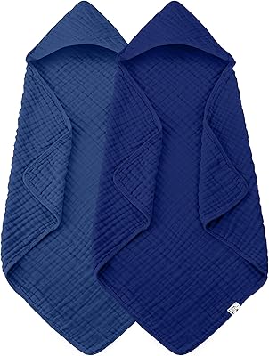 2 Pack Hooded Baby Towels - 100% Muslin Cotton for Newborns, Infants, Toddlers - Large 32x32 Inch Size - Highly Absorbent and Essential for Newborn Care, Deep Navy