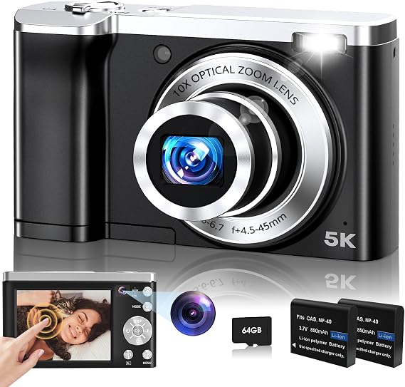 5K Digital Camera 56MP Cameras for Photography Autofocus,10X Optical Zoom | Vlogging Compact Camera with Front and Rear Camera,6-Axis Anti-Shake,Touch Screen with 64GB SD Card,2 Batteries